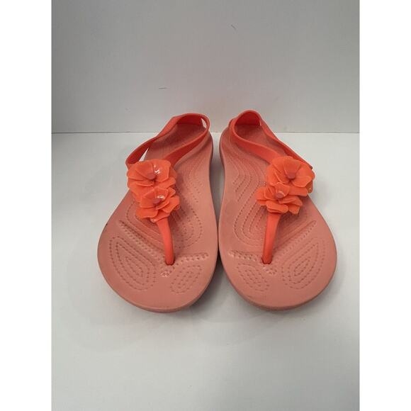 Crocs Serena Embellish Flower Iconic Footbed T Strap Sandals Women’s Sz 8 Orange - Picture 2 of 6